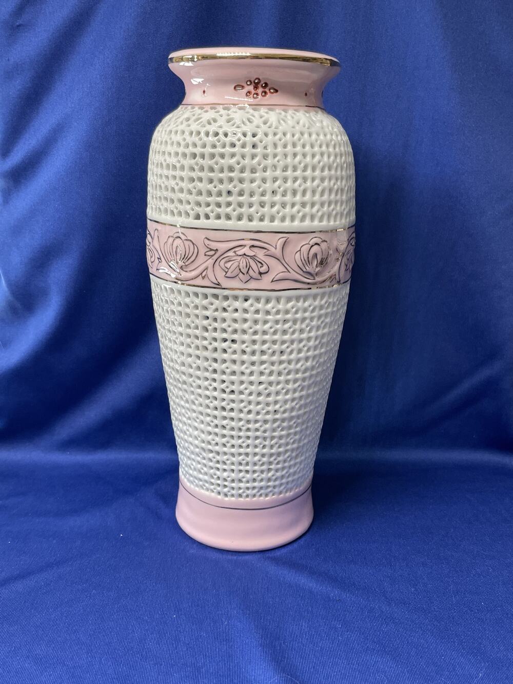 Unique Open Weave Pink and White Vase with Gold Trim